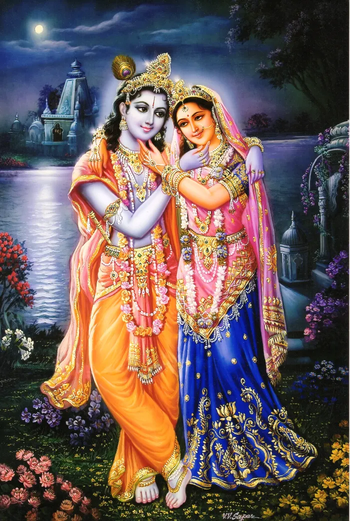 Radha Krishna Evening at Lake Print